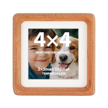Imagem de Framever Porta-retrato de madeira teca 10 x 10 cm com vidro real e tapete duplo – Serve para fotos 3 x 3 ou 5 x 3, mini moldura de madeira natural para mesa ou parede