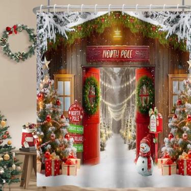 Imagem de Cortina de chuveiro de Natal para banheiro, Feliz Natal, conjunto de cortina de chuveiro, porta de madeira, guirlanda de árvore de Natal, caixas de presente, boneco de neve, tecido impermeável