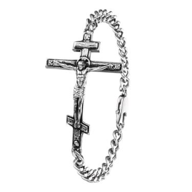Imagem de OIDEA Pulseira de cruz de crucifixo de Jesus Cristo: pulseiras de corrente de elos cruzados Jesus ortodoxo de aço inoxidável, joias religiosas, cristãs, presentes para homens e mulheres, Medium, Aço