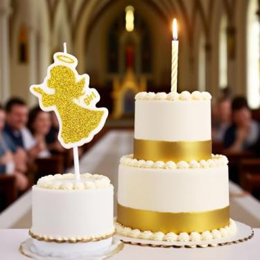 Imagem de Vela de bolo em forma de anjo cintilante, topo de glitter dourado para aniversários, cupcakes, decoração elegante de poeira dourada para batizados e momentos especiais (menina barroco)