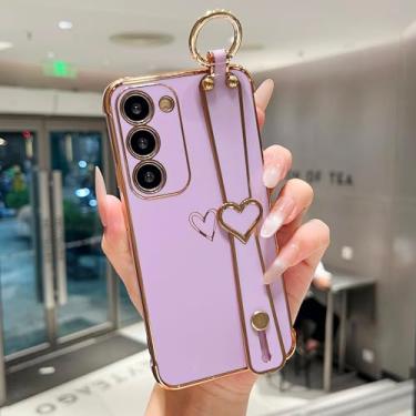Imagem de ZTOFERA Capa para Samsung Galaxy S23 5G com alça de pulso, estampa de coração de amor de borda fofa luxuosa para meninas e mulheres, suporte de dedo, capa de telefone macia à prova de choque para S23