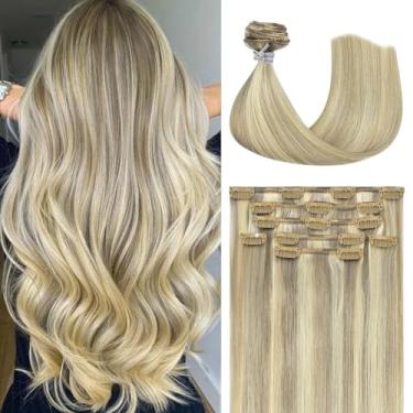 Imagem de Honsoo Extensões de cabelo humano real de 45,72 cm com grampos de cabelo humano realce balayage cabelo humano real cabelo loiro liso macio 7 peças 85 g