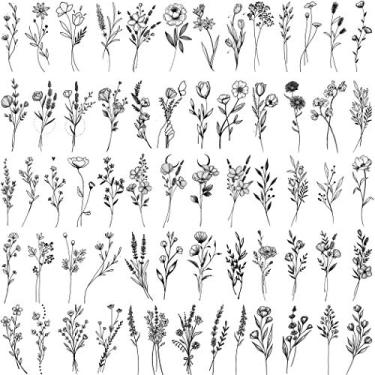 Imagem de 15 folhas FANRUI sexy ramo minúsculo flor negra tatuagens temporárias para mulheres pescoço de menina buquê floral realista pequena tatuagem temporária lavanda falso adesivo para adultos kit de rosto