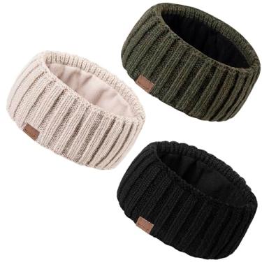 Imagem de MUTKIS Pacote com 3 faixas de cabelo femininas de inverno, aquecedores de orelha para mulheres, malha de lã grossa, protetores de ouvido quentes para clima frio (preto, bege e militar)