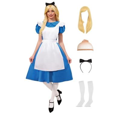 Imagem de ALIREVERIE Fantasia feminina de princesa azul e branca com manga bufante, conjunto de 6 peças, avental de cabeça, peruca, PP-2GG, Azul e branco, M