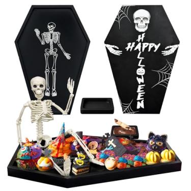 Imagem de Fayavoo Tabuleiro de charcutaria de caixão de Halloween de 15,8 m de altura com decoração de esqueleto gravado, bandeja e travessas de horror de Halloween, placa de ouija de esqueleto para festa