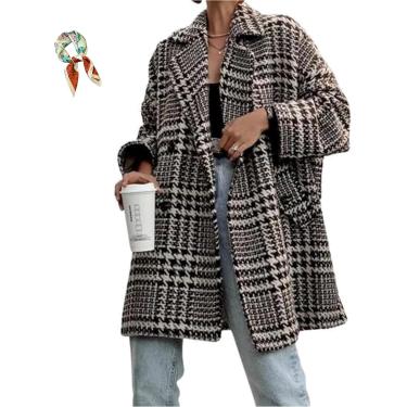 Imagem de Casaco De Lã Feminina De Inverno Pied-de-poule, Lapela Entalhada Longo Casaco De Duplo Abotoamento, Casual Solto Quente Outwear, Brown, M