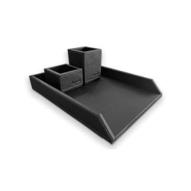 Imagem de Kit Escritório Organizador de Mesa Dray em Couro Legítimo - Porta Papel A4, Porta Lápis e Porta Clips (Preto)