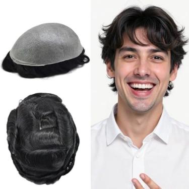 Imagem de FNY HAIR Toupee para homens, pele superfina, sistema de cabelo humano real, pele PU, peruca masculina, preto, marrom, loiro, cinza, #1, preto (Jet Black), 20,5 x 25,4 cm, densidade da luz 100%