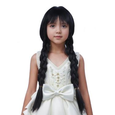 Imagem de Edivd Peruca preta para crianças, longa, preta, duas trançadas, com franja de ar, para meninas, perucas sintéticas resistentes ao calor com touca