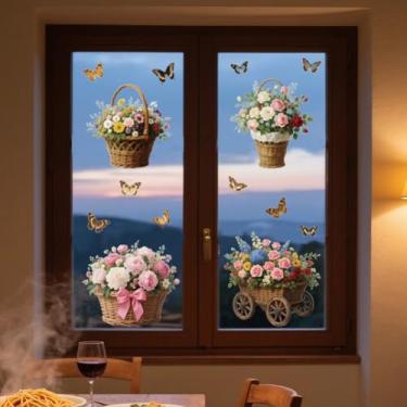 Imagem de ANATTASOUL Adesivos de janela estática cestas de flores com peônias 1 folha de decalques reutilizáveis de janela para vidro, adesivo de janela dupla face removível de 120 cm x 30 cm para decoração de