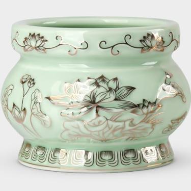 Imagem de Qinlang Tigela pequena para queimador de incenso budista de cerâmica verde, suporte de incenso de Buda para palito - 10 cm