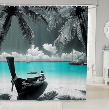 Imagem de Cortina de chuveiro de barco de madeira azul oceano verão praia lavável cortina de banheiro cortina de banheiro coqueiro cortina de banho havaiana feriado havaiano, 12 ganchos, 183 cm L x 78 C