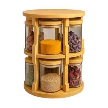 Imagem de Porta Temperos Condimento Giratório 10 Potes Vidro Tampa Bambu Hermético 250ML Suporte Organizador