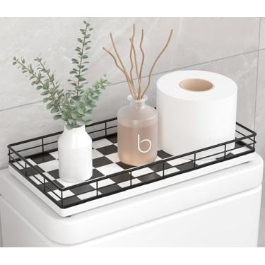 Imagem de Organizador de bandeja de vaso sanitário – Cesta de balcão de banheiro de madeira de carvalho com moldura de metal, parte traseira do vaso sanitário ou suporte de papel para armazenamento – decoração