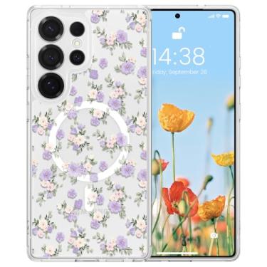 Imagem de RALEAVO Capa para Samsung Galaxy S24 Ultra compatível com MagSafe Clear Floral Pattern Design Cute Cover for Girls Women Slim Magnetic Hard Back à prova de choque para S24 Ultra, flores roxas