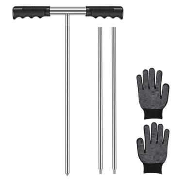 Imagem de Haste de sonda de solo de aço inoxidável com alça em T, haste de sonda de aterramento ajustável, ferramenta portátil para localização de tanques sépticos tubos subterrâneos prata.