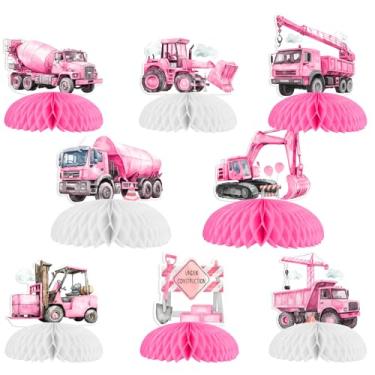 Imagem de Construction Birthday Decorations for Girl 8pcs Pink Construction Theme Honeycomb Centerpieces Truck Table Decor Excavator Digger Engineering Vehicle Dump Truck Baby Shower Gender Reveal Party Supply