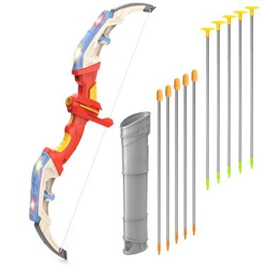Imagem de Conjunto infantil de arco e flecha, conjunto de brinquedos de tiro com arco e luz LED com 5 setas com ventosas e 5 flechas macias, estojo para alvo e flecha, brinquedos internos e externos para