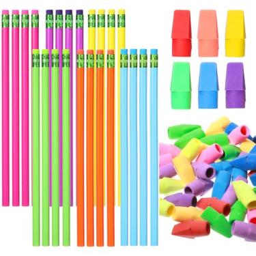 Imagem de Pacote com 24 lápis de arco-íris com 2 lápis HB com 48 peças de topo de lápis de arco-íris bonito conjunto de lápis de arco-íris tampas de borracha coloridas para lápis para desenho, escrever, esboçar, escritório e material escolar.