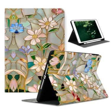 Imagem de Capa compatível com iPad Air de 13 polegadas (M3 2025/M2 2024)/12,9 polegadas (6ª/5ª/4ª/3ª/3ª 2022/2021/2020/2018) com porta-lápis, capa protetora automática para despertar/hibernar, flores de vitral