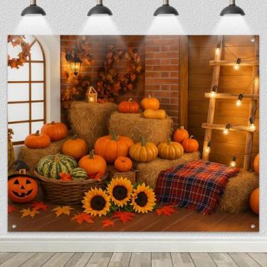 Imagem de BlissYard Faixa de fundo de outono de Ação de Graças, 2,4 x 1,8 m, colheita, abóbora, palheiro, girassol, outono, casa de fazenda, decoração de ambientes internos e externos, rústico, festival de