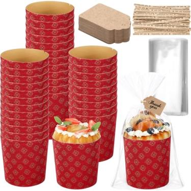 Imagem de Skylety 50 conjuntos de moldes de papel de panetone ondulado de Natal de 350 ml, formas de pão de papel descartáveis, formas de bolo com sacos plásticos transparentes e laços para padaria de pão e