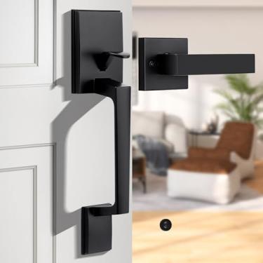 Imagem de Gaurqiah Conjunto de maçaneta preta para porta frontal com alavanca de passagem, fechadura não incluída, acabamento externo de metade inferior, funciona com cilindro único ou fechadura inteligente