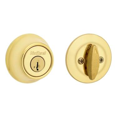 Imagem de Kwikset Fechadura de fechadura 660, porta de entrada frontal externa redonda de latão polido, parafuso morto de cilindro único, com proteção Microban