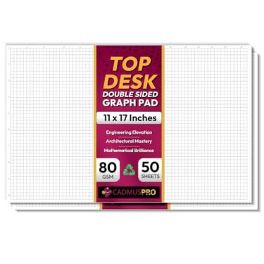 Imagem de CADMUSPRO A+ Pack of 2 Ledger Size Graph Pads, 1/4" Quad & Margin-Ruled Double-Sided Grid, 50 sheets per pad, 80GSM White Paper, Top Glue Binding.