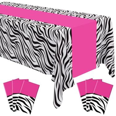 Imagem de Buryeah Toalha de mesa de plástico com estampa de zebra, 3 peças, toalha de mesa descartável, animal, safári, 137 x 272 cm, para chá de bebê, casamento, festa de aniversário, suprimentos (rosa choque)