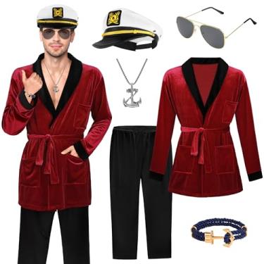 Imagem de SOMSOC Conjunto de fantasia de marinheiro de seda vermelha de Halloween com acessórios de chapéu de capitão, calça preta com cachimbo de brinquedo, Vermelho, G