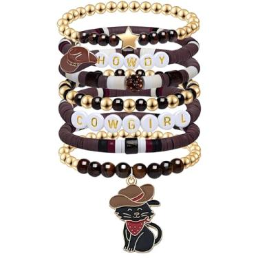 Imagem de Dreuyet 7 pulseiras femininas com contas de vaqueira ocidental, empilháveis, elásticas, boêmia e acessórios de joias, Medium, Vidro Vidro Cordão elástico, Sem Pedra Preciosa