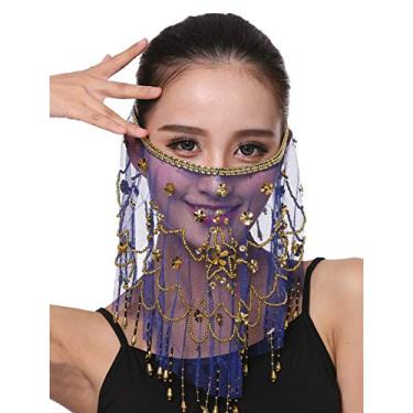 Imagem de Lauthen.S Véu feminino de dança do ventre com miçangas, lantejoulas, acessório de fantasia de Halloween, Azul royal, One Size