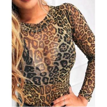 Imagem de Blusa Tule Body Renda, Onça, Preta Brilho Lurex Sexy Slim Festa Balada