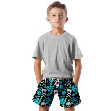 Imagem de Shorts Infantil Bermuda Calção Praia Verão Crânio Flores Azul 185 - SM