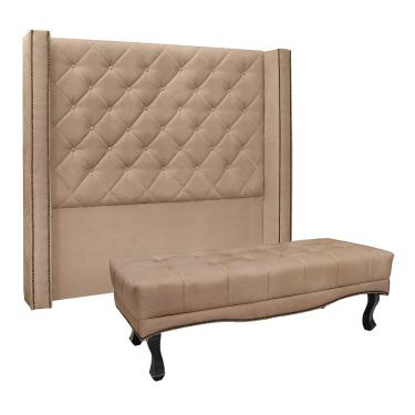 Imagem de Cabeceira Cama Box Queen 160cm e Recamier Vicenza Suede Bege S04 - D'Rossi