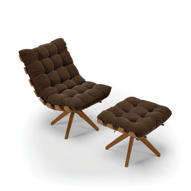 Imagem de Poltrona com Puff Giratório Costela Suede Marrom Base de Madeira MA30 - D'Rossi