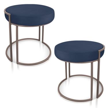 Imagem de Puff Redondo Base Industrial Cobre Kit 2 Love Suede Azul Marinho D03 - D'Rossi