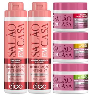 Imagem de Kit Salão em Casa Hidratação Intensiva Shampoo 800ml Condicionador 450ml 3 Máscaras Cronograma Hidratação Nutrição Reconstrução 270g