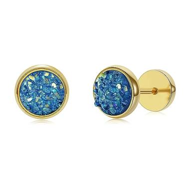 Imagem de Brincos de parafuso de titânio com tarraxa plana, drusa azul, glíter, alargadores de orelha banhados a ouro, aço inoxidável cirúrgico 316L, disco de bolinhas grandes, hipoalergênicos para orelhas sensíveis para mulheres e homens, Titânio, Drusa azul
