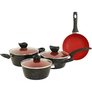 Imagem de Conjunto 4 Panelas Antiaderentes com Tampa de Vidro – Alumínio Premium com Revestimento Interno e Fundo de Indução, Cabos Antitérmicos, Design Preto e Vermelho