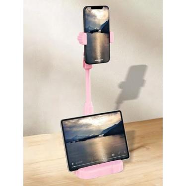 Imagem de Suporte de telefone para mesa, suporte ajustável de altura angular para mesa, compatível com webcam de mesa, design ergonômico, para dispositivos smartphones, acessórios de mesa de escritório (rosa)