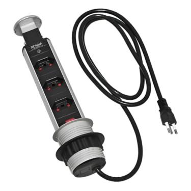 Imagem de Torre de Tomadas Retrátil para Bancada, 3 Tomadas, Bivolt, Embutir em Mesa, Cromado, Cabo 1,5m, Proteção Antichoque, Diâmetro 60mm