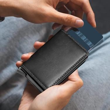 Imagem de Carteira masculina com suporte para cartão pop-up, carteira de poliuretano com bloqueio de RFID, design fino e minimalista com compartimento para dinheiro, bolso frontal para homens, comporta de 9 a