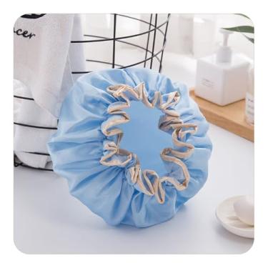 Imagem de Touca de banho feminina dupla camada impermeável protetor de cabelo reutilizável capa de chuveiro elástica lavável