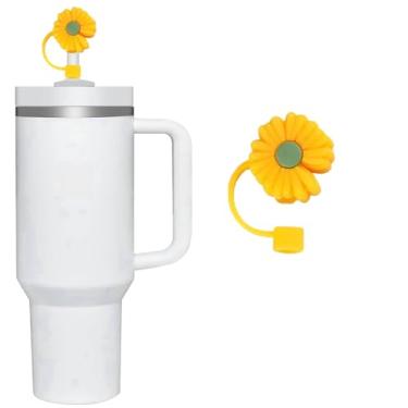 Imagem de Topos de palha de flor amarela para copo Stanley, capas de palha de silicone para copo Stanley 30 e 1,134 g, topo de palha à prova de poeira, capa de canudo reutilizável para acessórios de copo