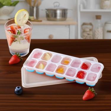 Imagem de Bandejas de cubos de gelo, 14 células, forma de cubos de gelo de silicone com tampa removível resistente a derramamentos (azul, 1 peça)