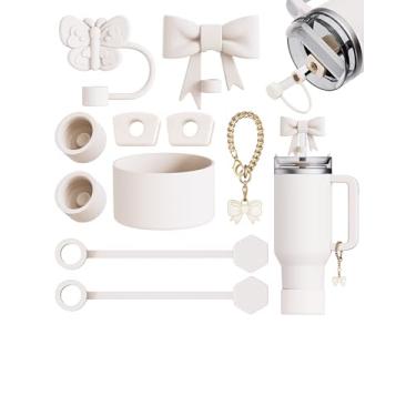 Imagem de 10 peças compatíveis com acessórios Stanley Cup - Toppers de palha de borboleta e arco para capa de palha Stanley 9-10 mm, 1 bota de silicone, 6 tampas à prova de derramamento, 1 pingente de alça para