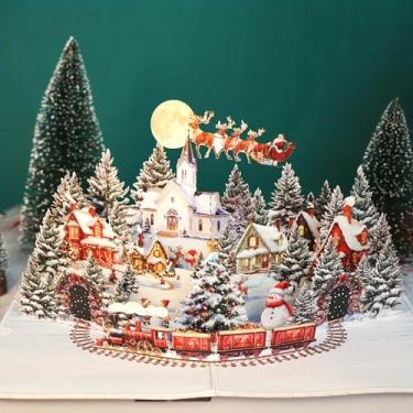Imagem de Cartão de Natal pop-up 3D com cena de Papai Noel e rena, cartão detalhado de férias de vila nevada para família e amigos, saudações festivas